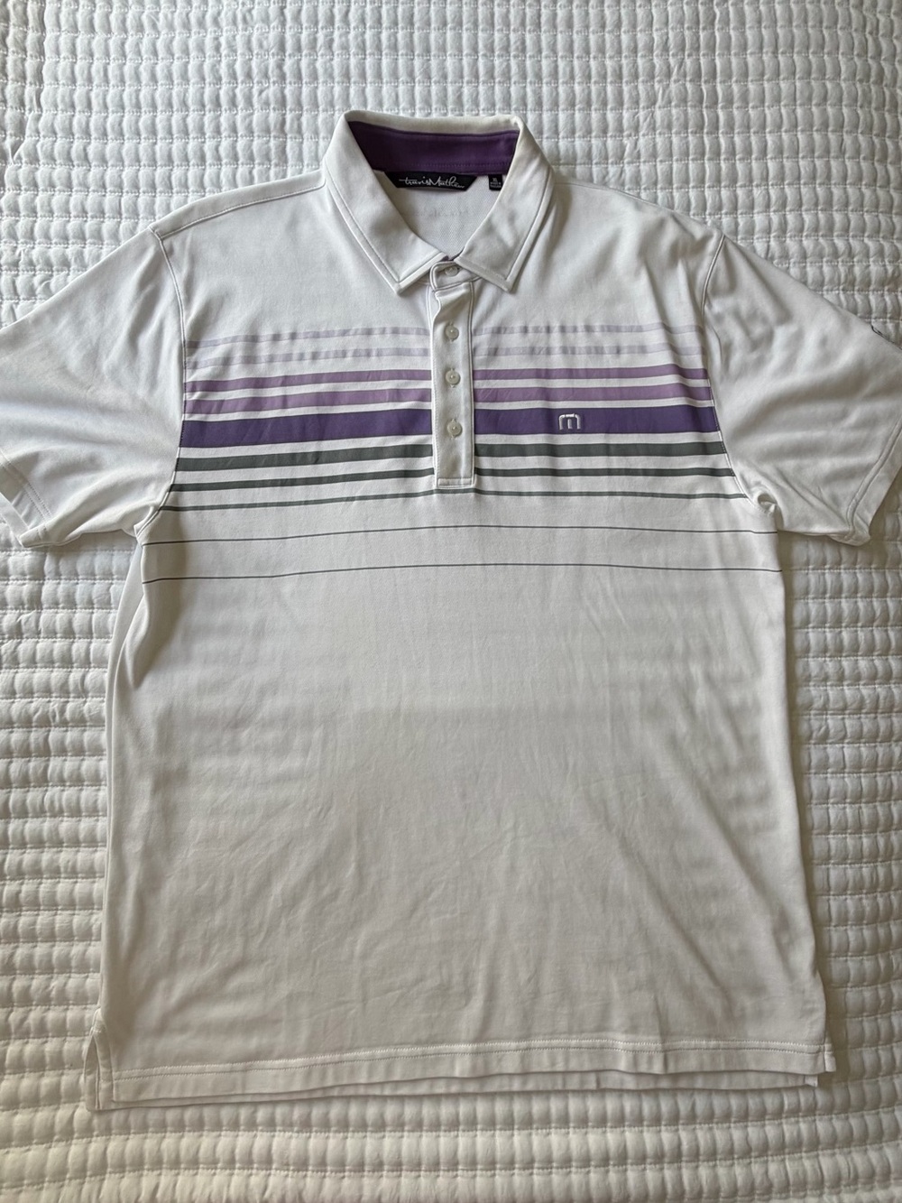 Travis Mathew White Polo with Purple and Gray Stripes XL
